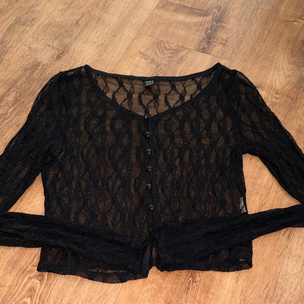 SHEIN Black Sheer Lace Button-Front Cardigan